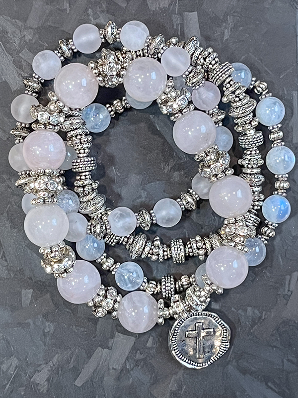 Rose Quartz & Moonstone Mixed Metal Bracelet Stack with Cross and Coin Charm
