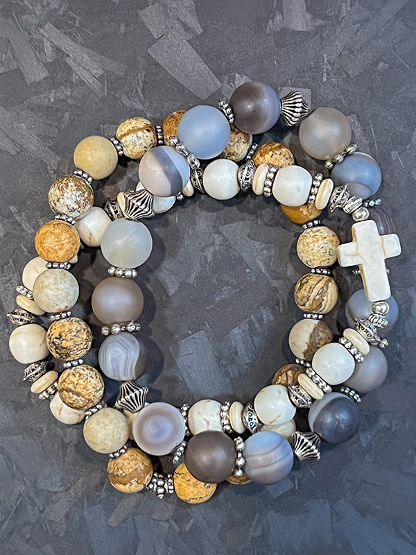 Botswana Agate Jasper Cross Bracelet Stack