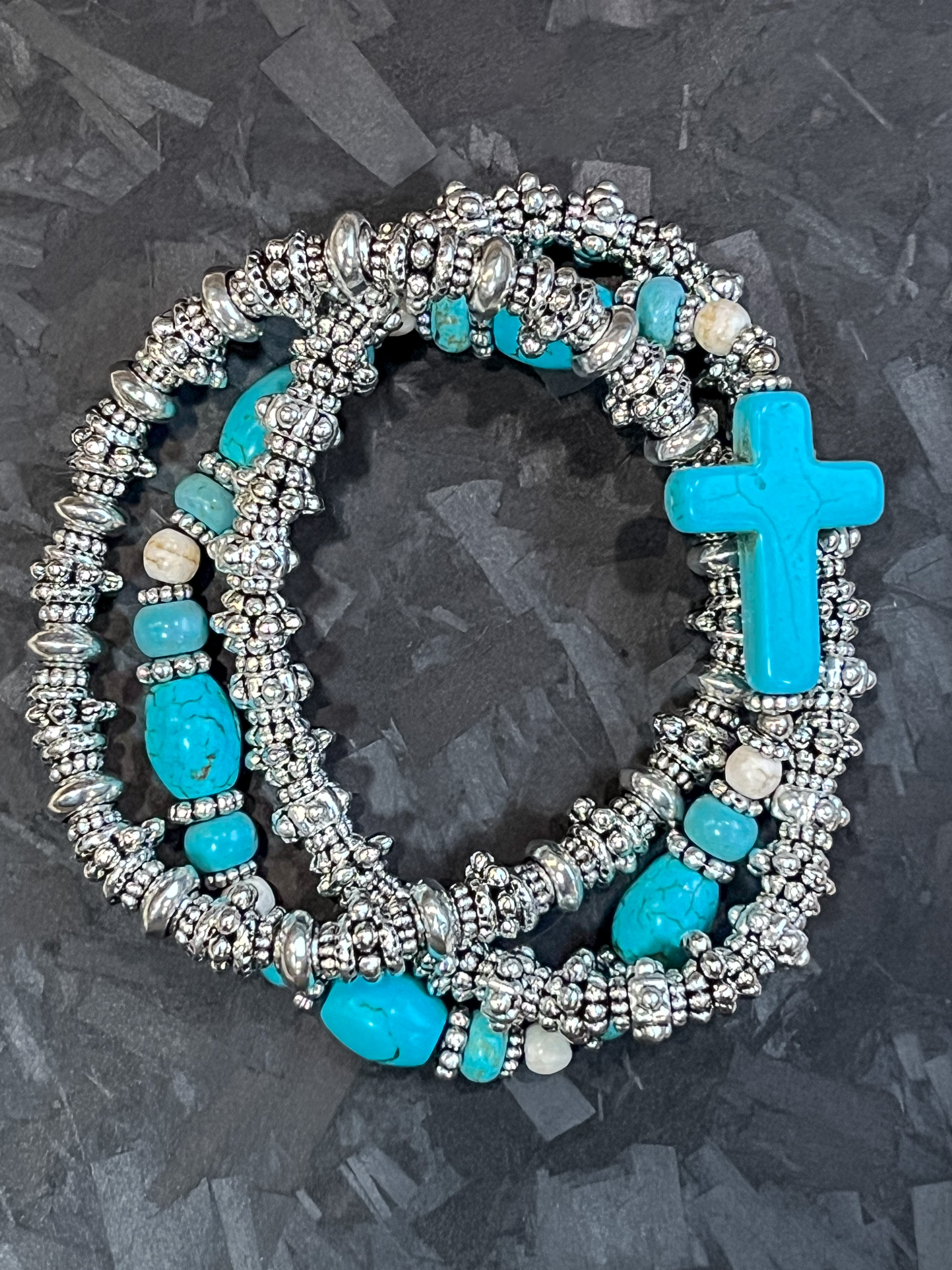 Magnesite Blue Cross Mixed Metal Bracelet Stack