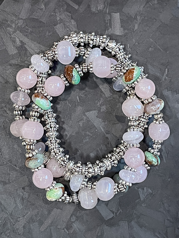 Rose Quartz Amazonite Mix Metal Bracelet Stack